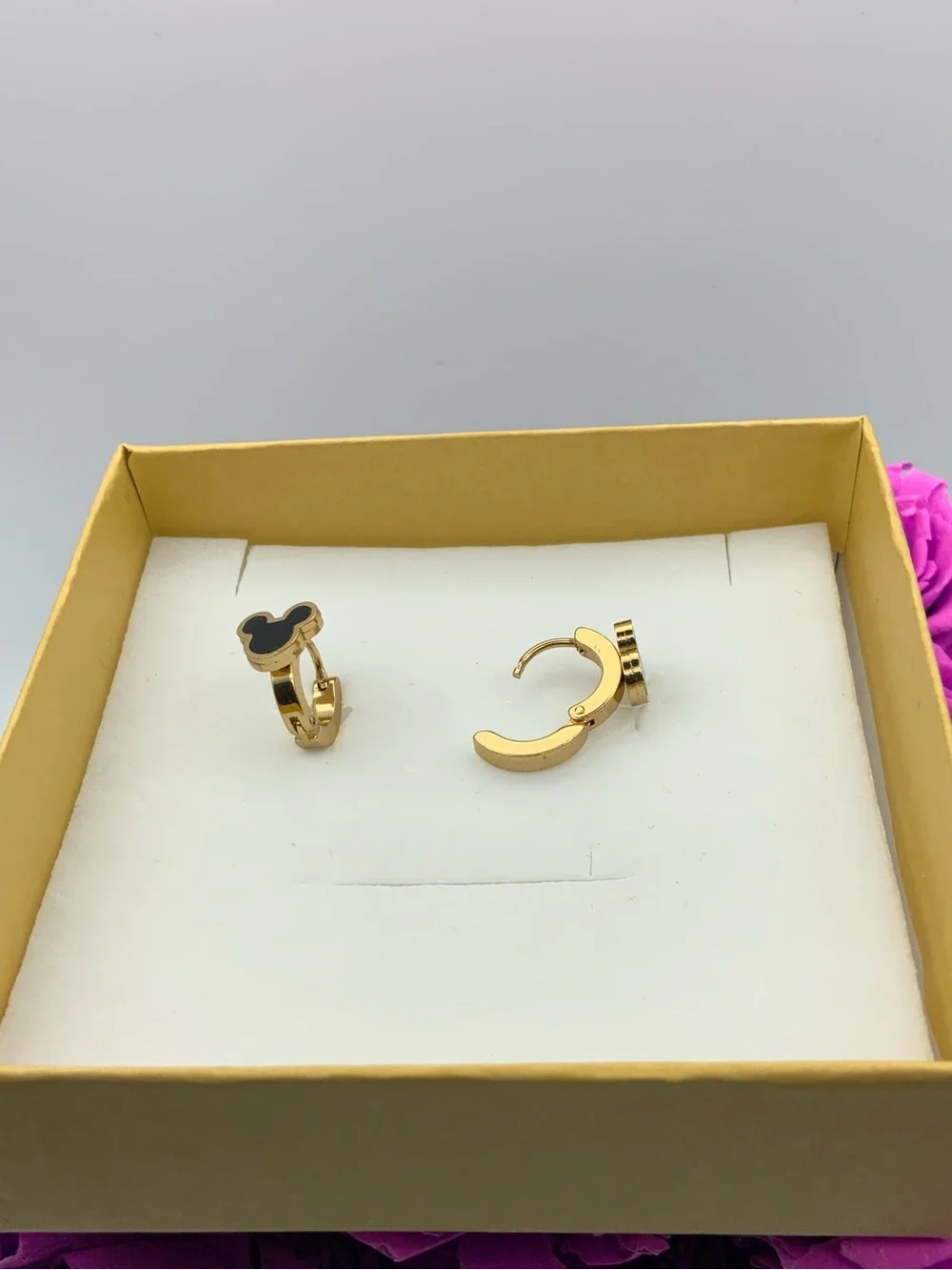 Gold-Tone Hoop Earrings with Black Enamel Mickey-Shaped Fronts - Women Jewelry